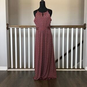 Ann Taylor Loft Maxi Dress Size M Womans Orange Navy Blue Chevron Halter Stretch